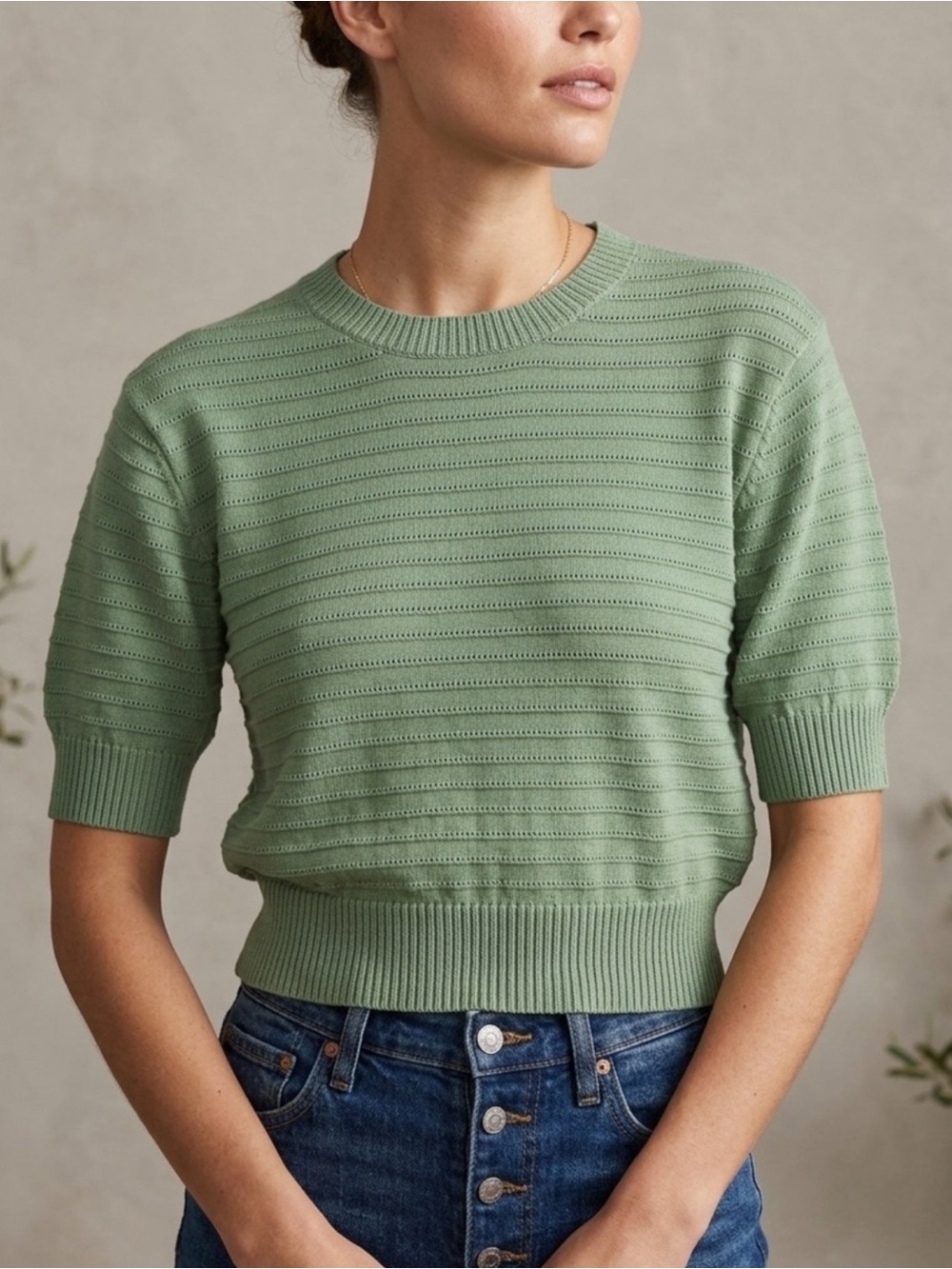 Frye Sage Green Short-Sleeve Crew Sweater size M